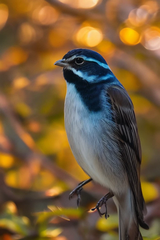 A charming close-up portrait，Showing a beautiful bird，Illuminated by soft golden light on a quiet morning，The bokeh ball gently frames its petite body