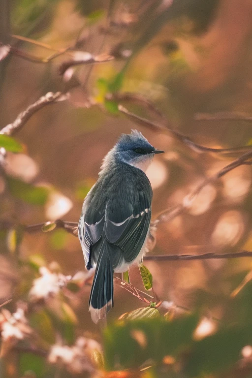 A charming close-up portrait，Showing a beautiful bird，Illuminated by soft golden light on a quiet morning，The bokeh ball gently frames its petite body