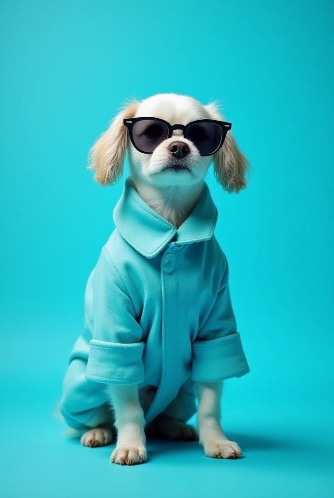 best mobile wallpaper,award - winning wallpaper,Photo photography,Front view of a cute dog,Dressed in mid-1960s space-age fashion,Side view photo,shot with Canon EOS R5,Set a strong contrast to make the subject stand out,Fluorescent blue,Wearing a very modern coat and sunglasses,It's a modern 1960s style,All clothes are one color,Beautiful background