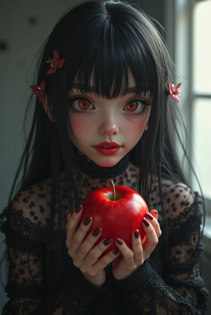 ((RAW photos),Absurd ,(Absurd 分辨率)),masterpiece,Best quality,(extremely detailed 8k unity CG wallpaper),(Most Best Illustration),(BEST SHADOW),Realistic lighting,Beautiful and detailed brilliance ,((21yo)),girl,longblackhair,Black Queen,accessories,Hold an apple,Poison apples,Witch Queen,red lipsticks,(((Her photography perspective)))