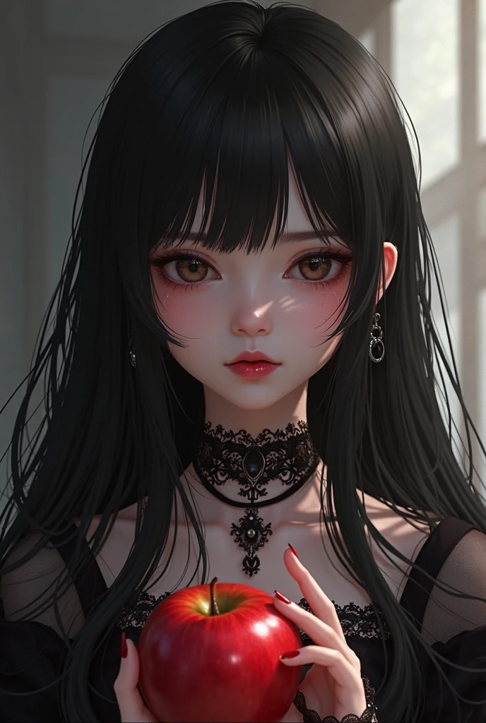 ((RAW photos)，Absurd ，(Absurd 分辨率))，masterpiece，Best quality，(extremely detailed 8k unity CG wallpaper)，(Most Best Illustration)，(BEST SHADOW)，Realistic lighting，Beautiful and detailed brilliance ，((21yo))，girl，longblackhair，Black Queen，accessories，Hold an apple，Poison apples，Witch Queen，red lipsticks，(((Her photography perspective)))