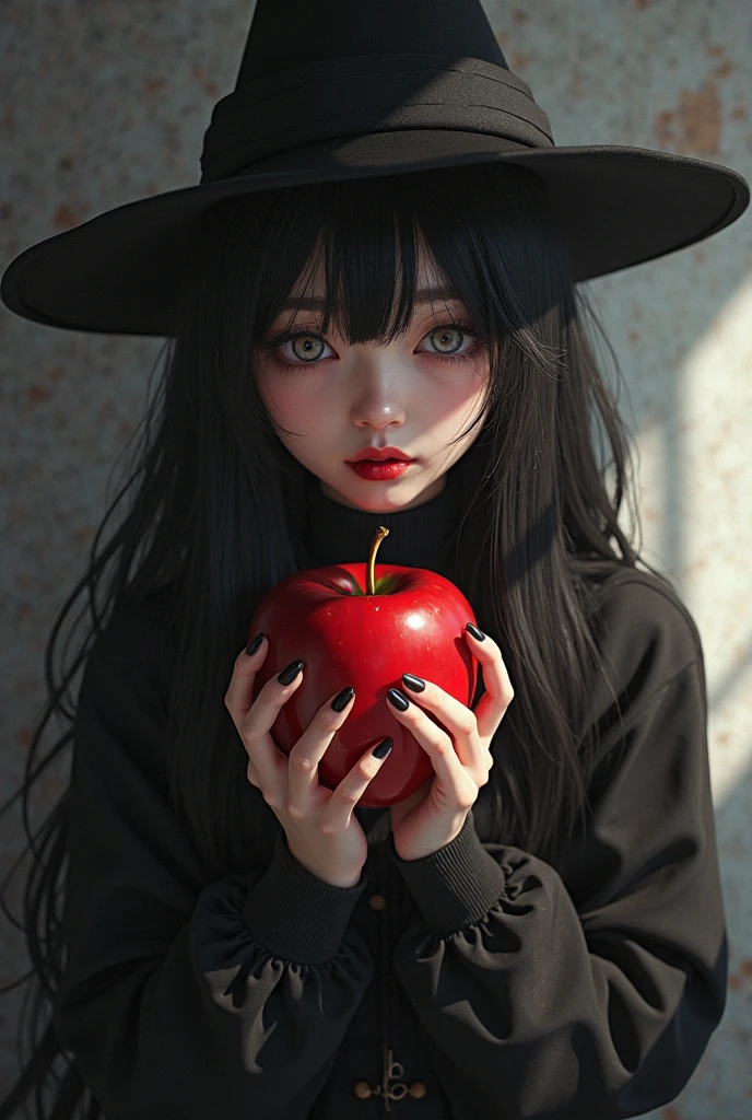 ((RAW photos),Absurd ,(Absurd 分辨率)),masterpiece,Best quality,(extremely detailed 8k unity CG wallpaper),(Most Best Illustration),(BEST SHADOW),Realistic lighting,Beautiful and detailed brilliance ,((21yo)),girl,longblackhair,Black Queen,accessories,Hold an apple,Poison apples,Witch Queen,red lipsticks,(((Her photography perspective)))