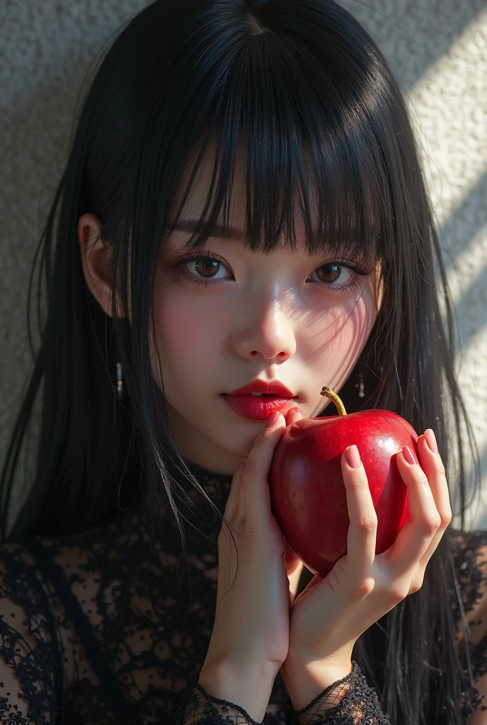 ((RAW photos),Absurd ,(Absurd 分辨率)),masterpiece,Best quality,(extremely detailed 8k unity CG wallpaper),(Most Best Illustration),(BEST SHADOW),Realistic lighting,Beautiful and detailed brilliance ,((21yo)),girl,longblackhair,Black Queen,accessories,Hold an apple,Poison apples,Witch Queen,red lipsticks,(((Her photography perspective)))