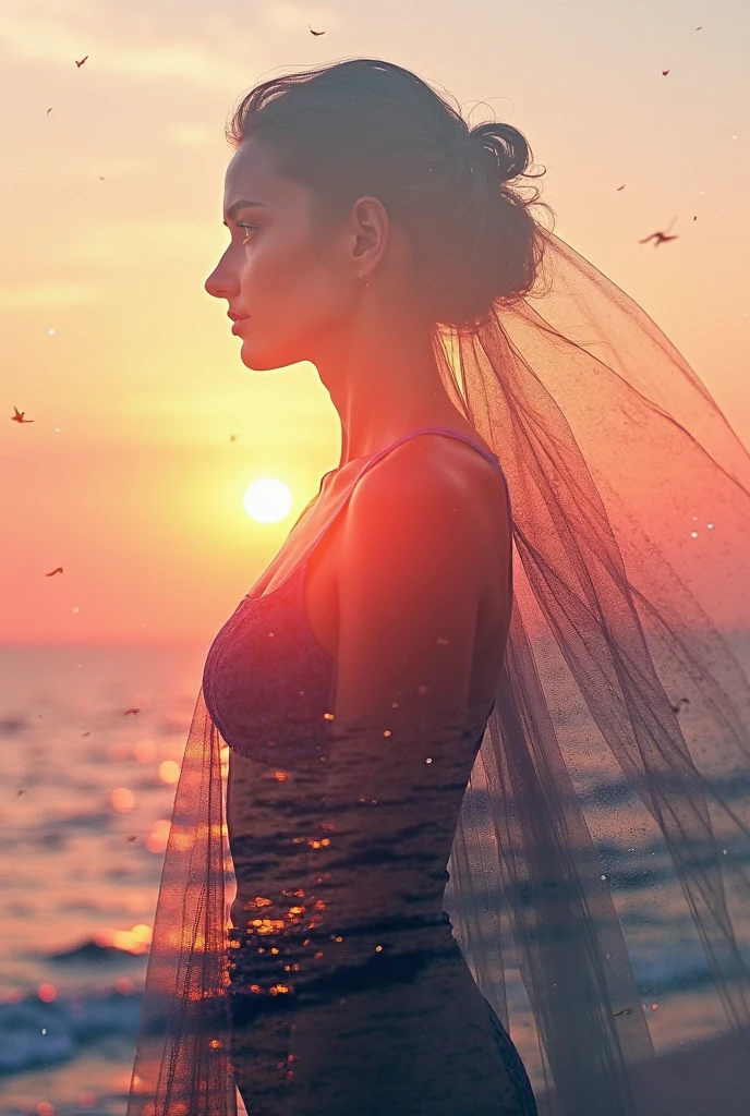 high quality,8k ultra high definition,美丽的Doubleexposure,Combining the silhouette of the goddess with the sunset coast, sunset coast should be used as the bottom background,Details are integrated into the silhouette of the goddess,Clear lines,The background is a monochromatic ,Focus sharp,Doubleexposure,Created by yukisakura,Gorgeous full color