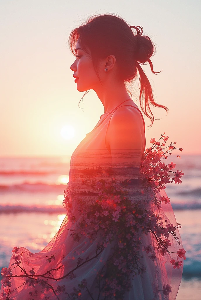 high quality,8k ultra high definition,美丽的Doubleexposure,Combining the silhouette of the goddess with the sunset coast, sunset coast should be used as the bottom background,Details are integrated into the silhouette of the goddess,Clear lines,The background is a monochromatic ,Focus sharp,Doubleexposure,Created by yukisakura,Gorgeous full color