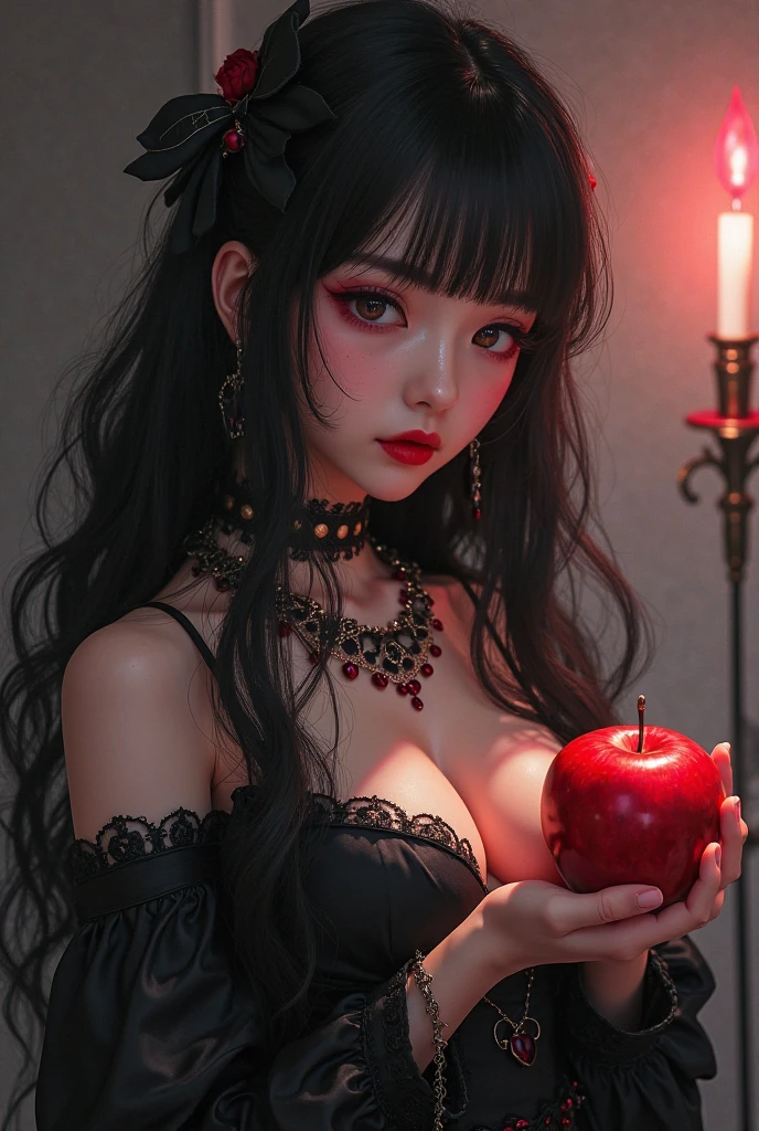 ((RAW photos),Absurd ,(Absurd 分辨率)),masterpiece,Best quality,(extremely detailed 8k unity CG wallpaper),(Most Best Illustration),(BEST SHADOW),Realistic lighting,Beautiful and detailed brilliance ,((21yo)),girl,longblackhair,Black Queen,accessories,Hold an apple,Poison apples,Witch Queen,red lipsticks,(((Her photography perspective)))