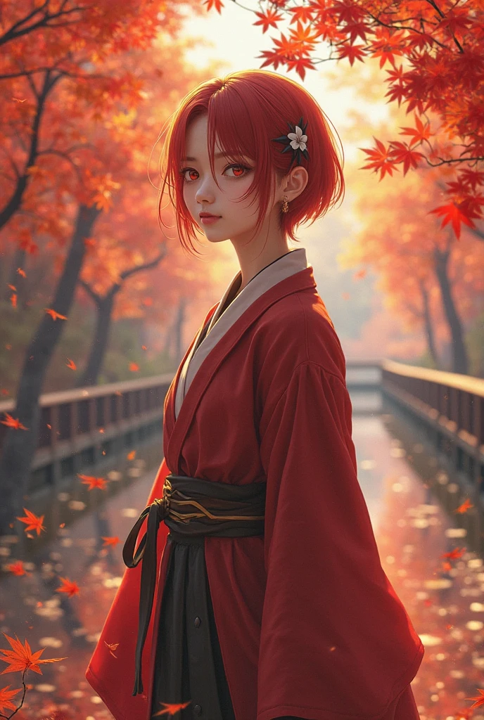 ((masterpiece, best quality)), ciri, Official Art, Unity 8K壁纸, official outfit, Young handsome man , solitude, Perfect Face, Radiant Skin, Shining Student , red hair clips , In the daytime, The background is a flaming maple forest, maple leaves, River side, wood bridges, Aesthetic, (superior _body)