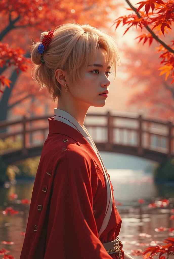 ((masterpiece, best quality)), ciri, Official Art, Unity 8K壁纸, official outfit, Young handsome man , solitude, Perfect Face, Radiant Skin, Shining Student , red hair clips , In the daytime, The background is a flaming maple forest, maple leaves, River side, wood bridges, Aesthetic, (superior _body)