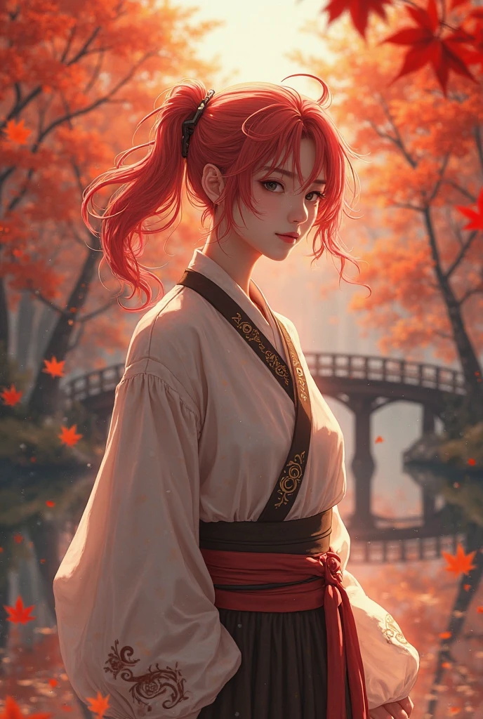 ((masterpiece, best quality)), ciri, Official Art, Unity 8K壁纸, official outfit, Young handsome man , solitude, Perfect Face, Radiant Skin, Shining Student , red hair clips , In the daytime, The background is a flaming maple forest, maple leaves, River side, wood bridges, Aesthetic, (superior _body)