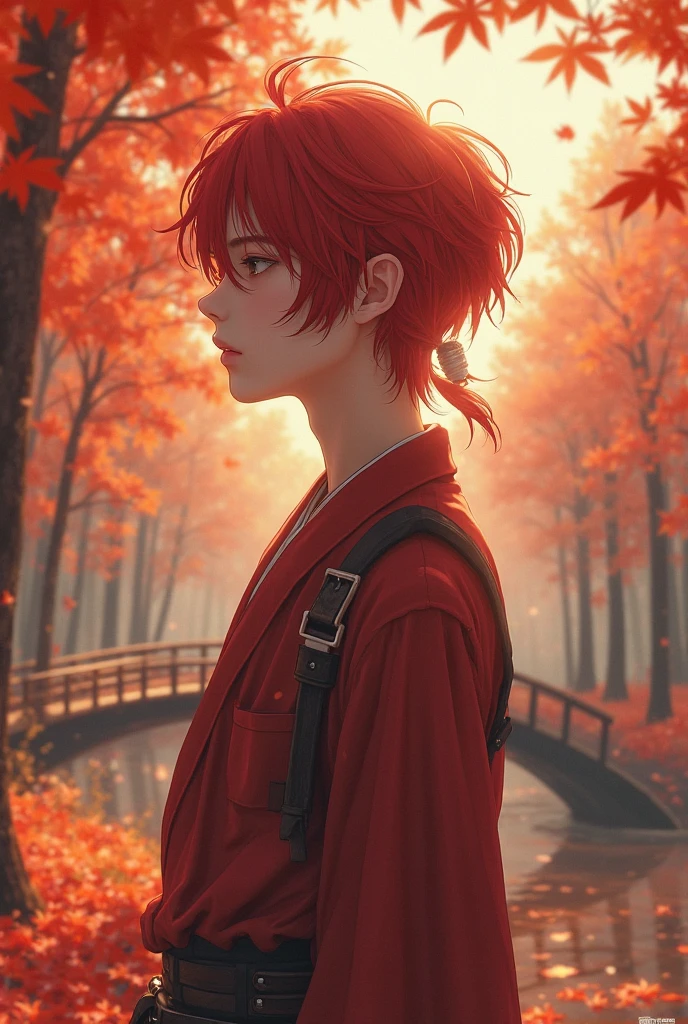 ((masterpiece, best quality)), ciri, Official Art, Unity 8K壁纸, official outfit, Young handsome man , solitude, Perfect Face, Radiant Skin, Shining Student , red hair clips , In the daytime, The background is a flaming maple forest, maple leaves, River side, wood bridges, Aesthetic, (superior _body)