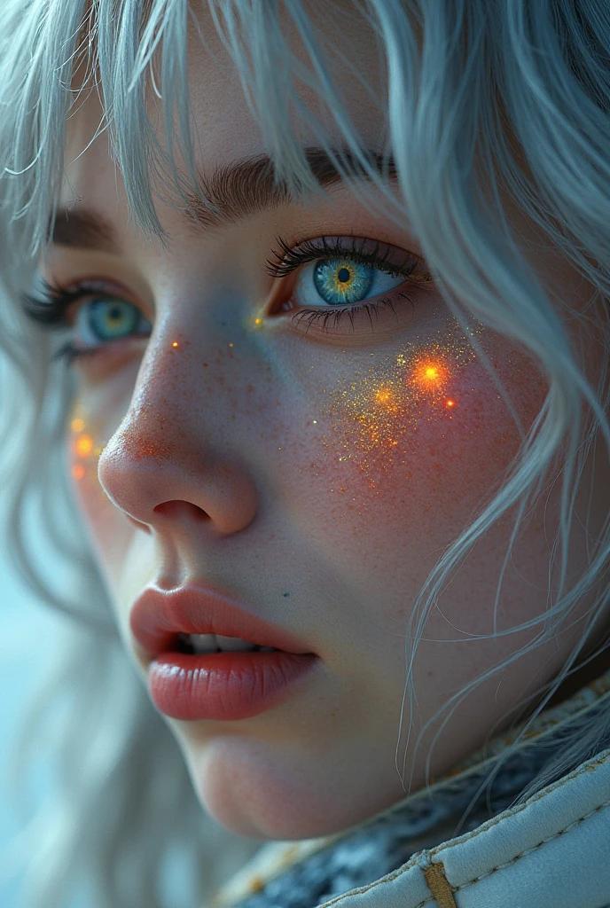 (Close-up of a masterpiece:1.5)0.9]，(Space and astronauts:1.2) (Messy silver hair:1.1) (Heterochromia yellow blue eyes:1.2) (Casque spatial:1.0) (Colorful stars in the eyes:1.0) (Dazzling light:1.1) (Thick lip:0.9)