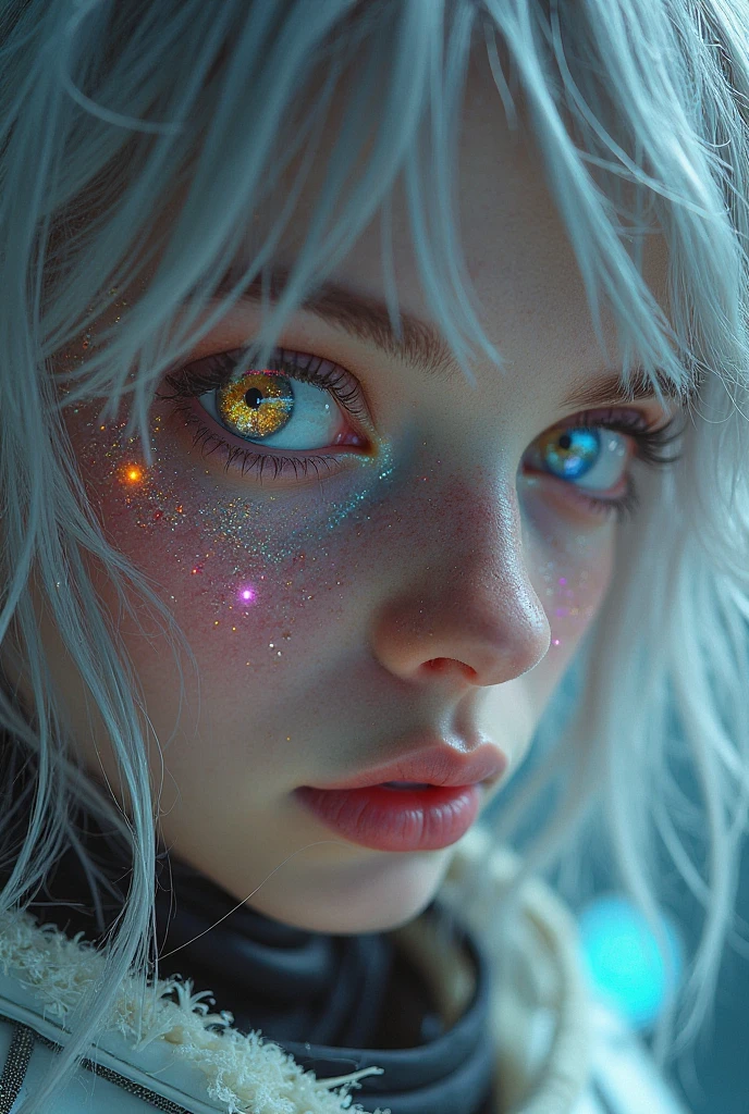 (Close-up of a masterpiece:1.5)0.9]，(Space and astronauts:1.2) (Messy silver hair:1.1) (Heterochromia yellow blue eyes:1.2) (Casque spatial:1.0) (Colorful stars in the eyes:1.0) (Dazzling light:1.1) (Thick lip:0.9)