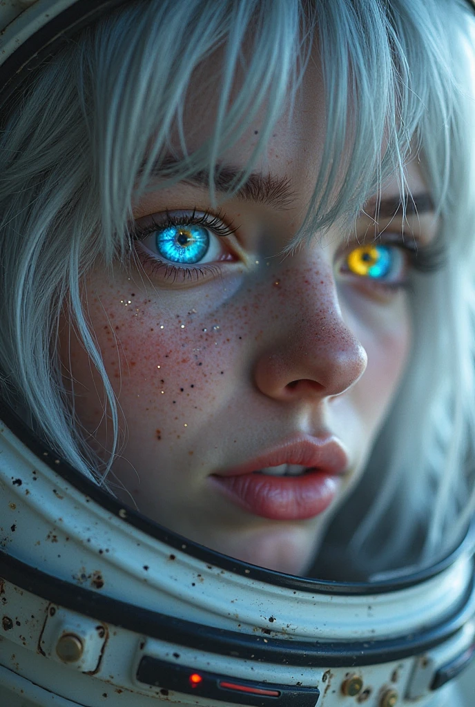 (Close-up of a masterpiece:1.5)0.9]，(Space and astronauts:1.2) (Messy silver hair:1.1) (Heterochromia yellow blue eyes:1.2) (Casque spatial:1.0) (Colorful stars in the eyes:1.0) (Dazzling light:1.1) (Thick lip:0.9)