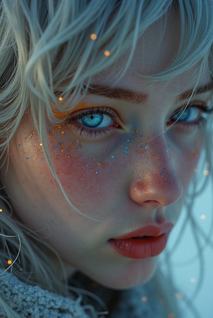 (Close-up of a masterpiece:1.5)0.9]，(Space and astronauts:1.2) (Messy silver hair:1.1) (Heterochromia yellow blue eyes:1.2) (Casque spatial:1.0) (Colorful stars in the eyes:1.0) (Dazzling light:1.1) (Thick lip:0.9)