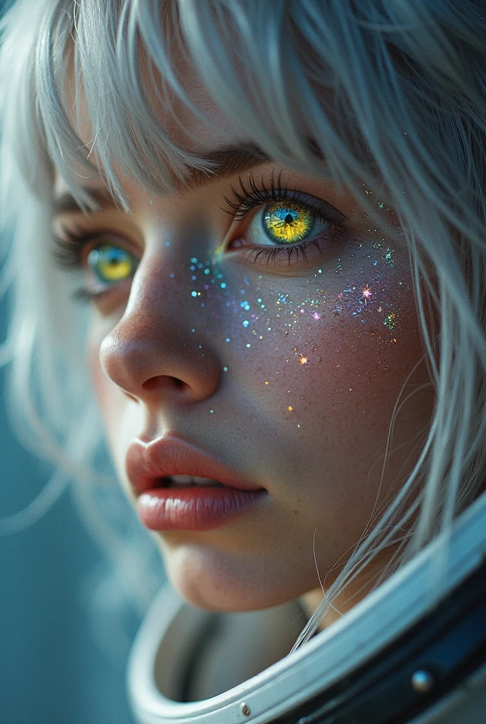 (Close-up of a masterpiece:1.5)0.9]，(Space and astronauts:1.2) (Messy silver hair:1.1) (Heterochromia yellow blue eyes:1.2) (Casque spatial:1.0) (Colorful stars in the eyes:1.0) (Dazzling light:1.1) (Thick lip:0.9)