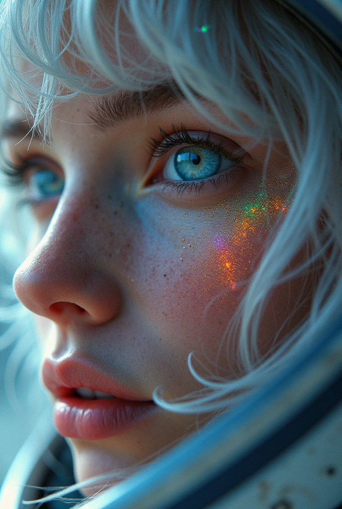 (Close-up of a masterpiece:1.5)0.9]，(Space and astronauts:1.2) (Messy silver hair:1.1) (Heterochromia yellow blue eyes:1.2) (Casque spatial:1.0) (Colorful stars in the eyes:1.0) (Dazzling light:1.1) (Thick lip:0.9)