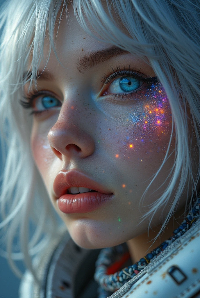 (Close-up of a masterpiece:1.5)0.9]，(Space and astronauts:1.2) (Messy silver hair:1.1) (Heterochromia yellow blue eyes:1.2) (Casque spatial:1.0) (Colorful stars in the eyes:1.0) (Dazzling light:1.1) (Thick lip:0.9)