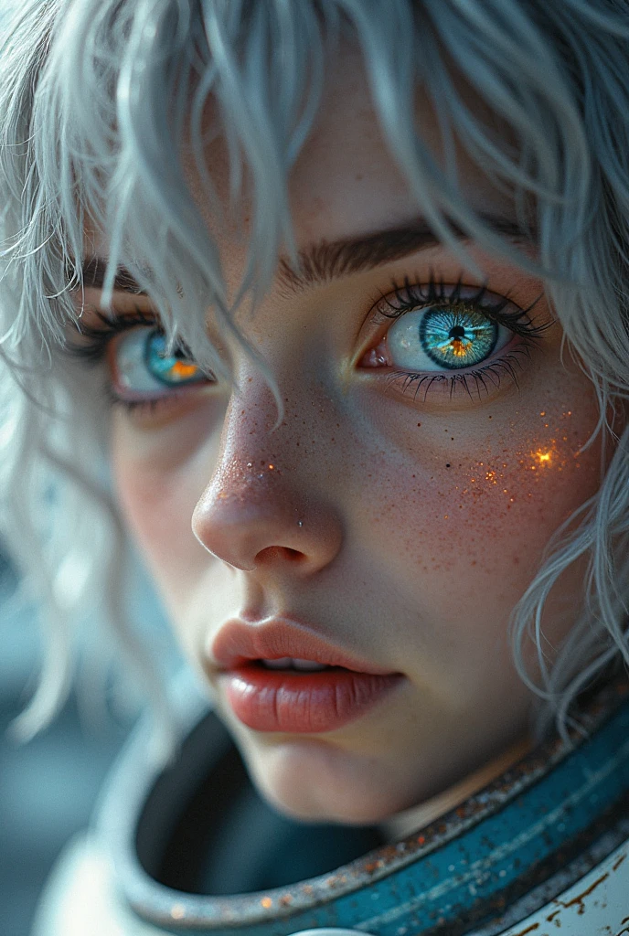 (Close-up of a masterpiece:1.5)0.9]，(Space and astronauts:1.2) (Messy silver hair:1.1) (Heterochromia yellow blue eyes:1.2) (Casque spatial:1.0) (Colorful stars in the eyes:1.0) (Dazzling light:1.1) (Thick lip:0.9)