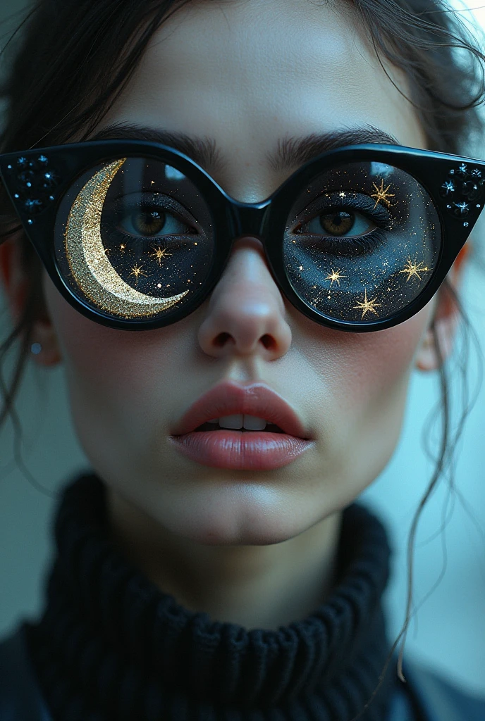 Model wearing glass sunglasses,There are stars and moon on the lens