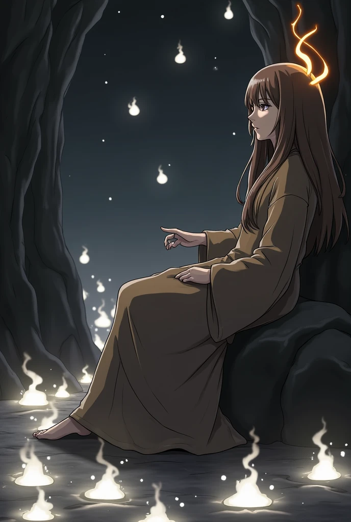 (, masterpiece), (1 girl , solitude,Brown robe, expression face, Look elsewhere , Seats, Wide sleeves, 黑The eye, shut up, ribbon-like flames on the head , long hair, cow boy shot), (Mono Color, the night sky at the entrance to the cave , The light rises from the bottom , In the cave , floating white particles, Flames burning at hand , Many small flames are suspended ),