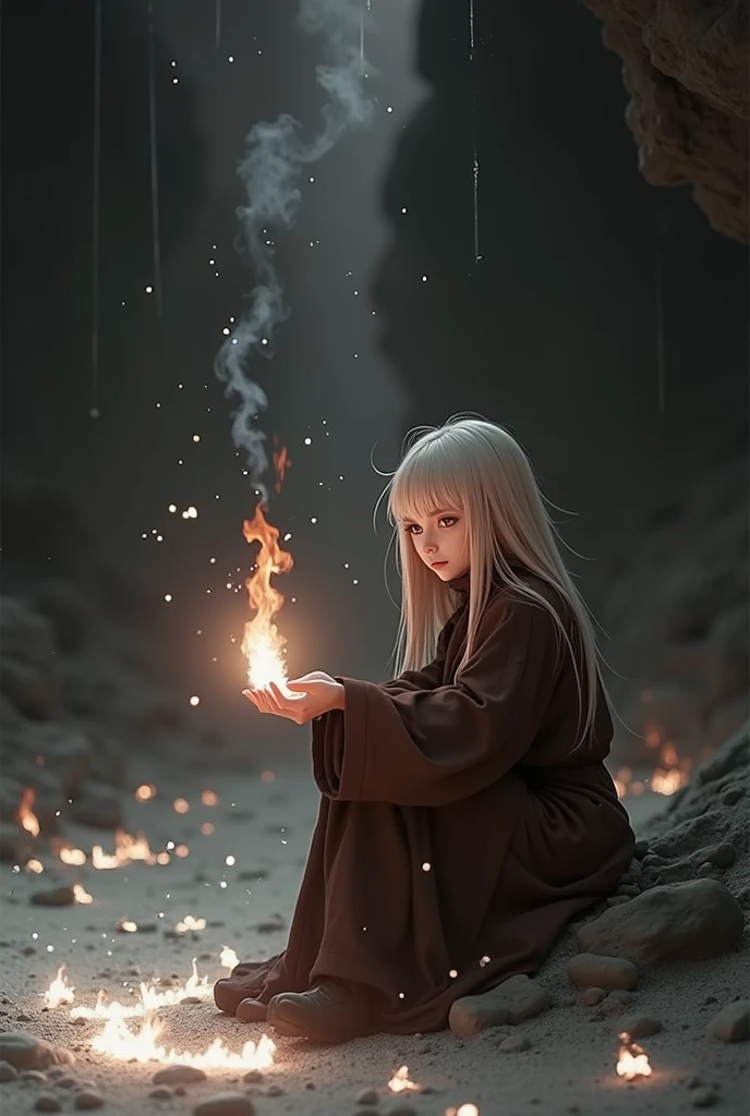 (, masterpiece), (1 girl , solitude,Brown robe, expression face, Look elsewhere , Seats, Wide sleeves, 黑The eye, shut up, ribbon-like flames on the head , long hair, cow boy shot), (Mono Color, the night sky at the entrance to the cave , The light rises from the bottom , In the cave , floating white particles, Flames burning at hand , Many small flames are suspended ),