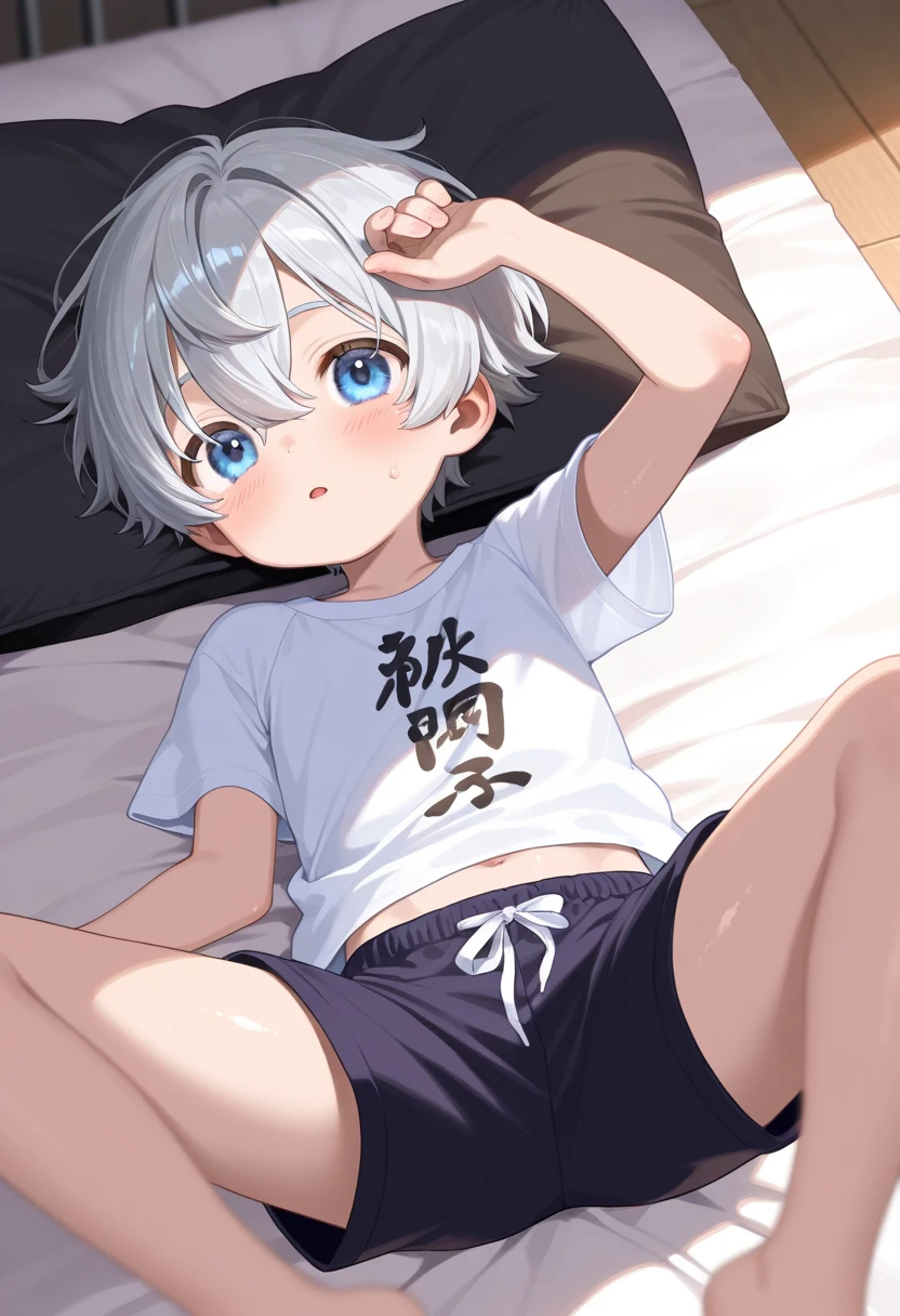 A , Kizi, wearing diaper, is 7 years old, cos , black, white  hair, 