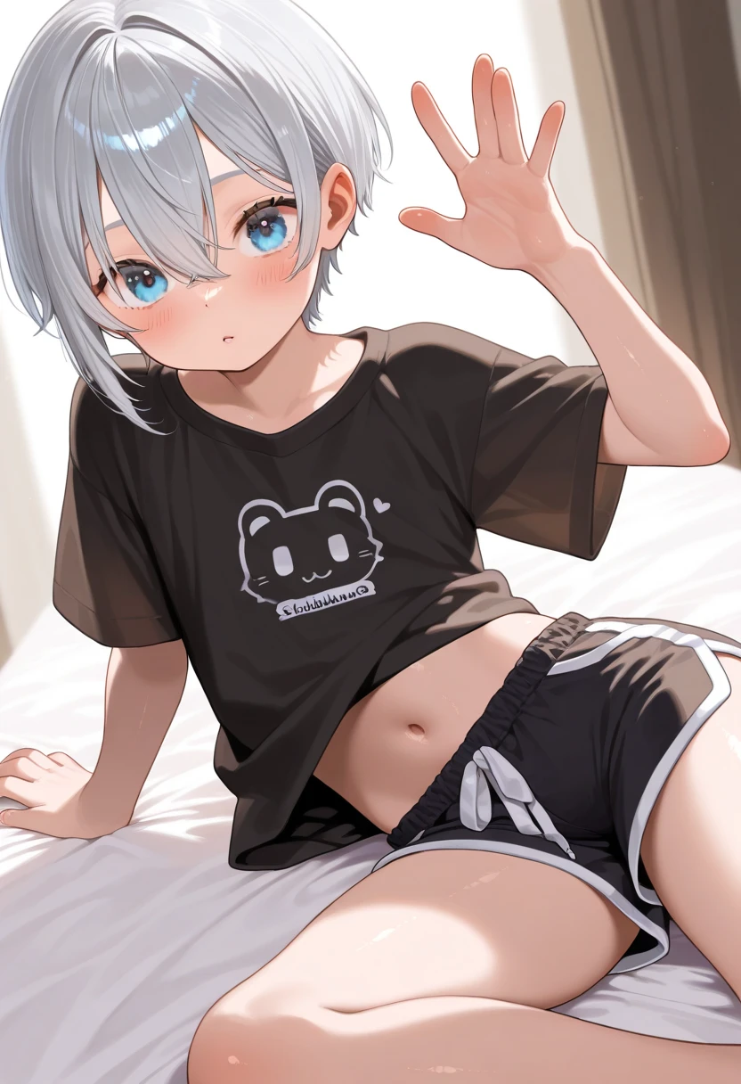 An anime image of a teenage boy with white hair wearing a cat shirt, (((wearing a cute ))), extremely detailed face, beautifully detailed eyes, ( usage),  ((playing with toys)), (in a large nursery), colorful, vibrant colors, soft lighting, anime style, intricate details, highres, masterpiece,