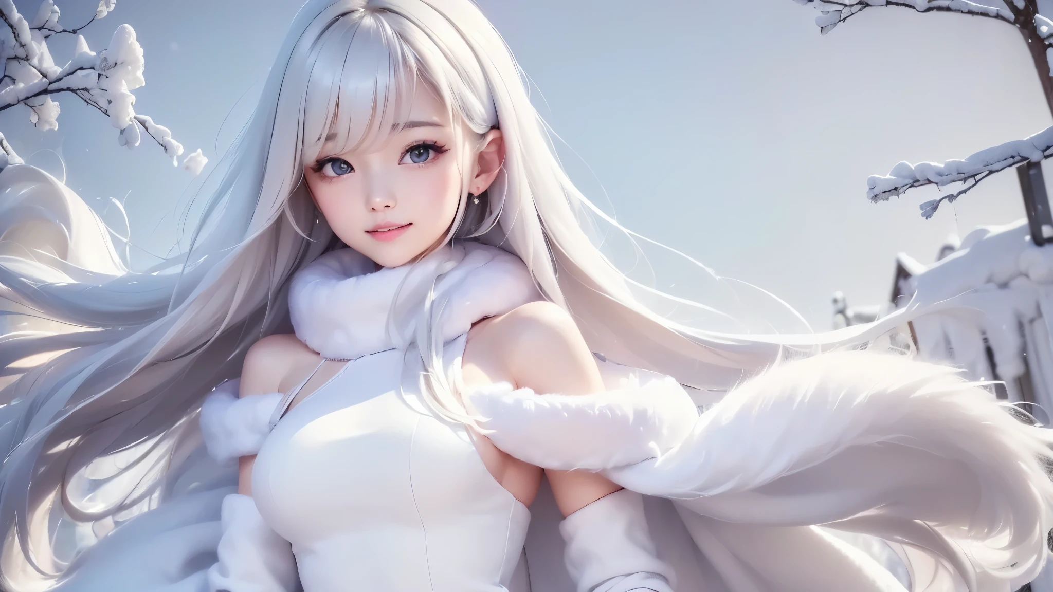 ((傑作:1.5、8k、テーブルトップ、ポートレート、フォトリアリスティックでとても詳しいなCG、とても詳しい、パーティクルエフェクト、ダイナミックな効果、境界深度を書く、 シネマチックな照明 、レンズフレア、レイトレーシング、テーブルトップをつまむ、現実的:1.4、超高解像度:1.2、現実的、現実的))((一人で、, wearing a white fur coat over a halter neck sweater:1.4、かわいいポーズ、 女の子な顔、 明るい表情、若い, 明るい, より白い肌、小さい胸、素晴らしい見た目、究極の美しさ、 銀髪 、明るく光沢のある髪,、超ロング, スムース, ストレートの髪、風になびく髪))(、オフショルダーのセーターの上に白い毛皮のコートを着た雪 )