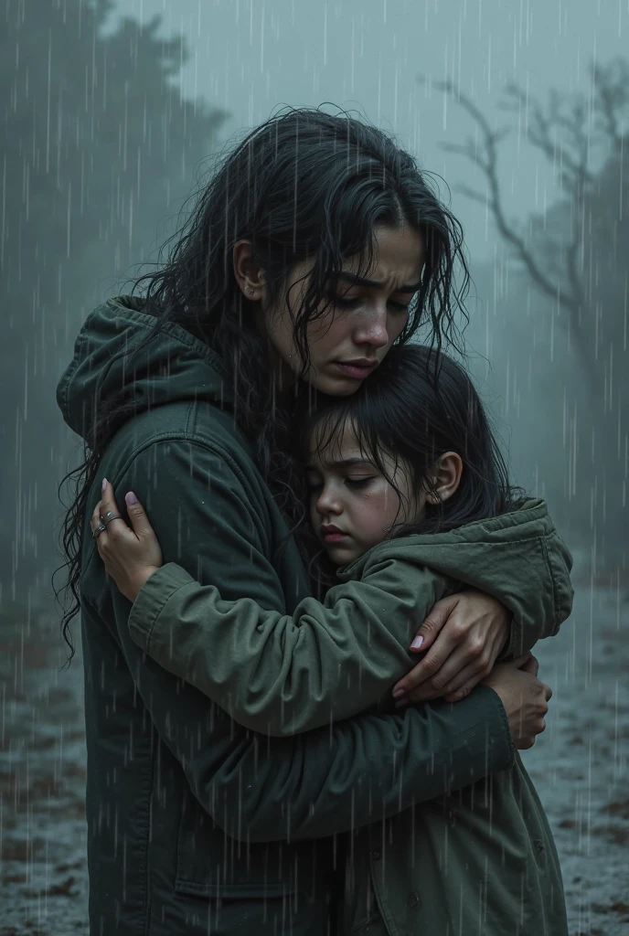 During a violent storm, a mother holds her frightened  in her arms. as together they watch the rumble of thunder and lightning lighting up the dark sky