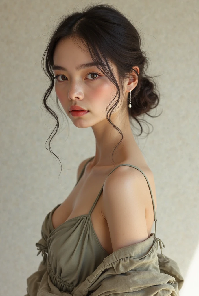 portrait of a lovely, 30 years old, gray hair, short ponytail, big dark green eyes, plump, arched lips, Light jumpsuit, realism, ink,smudge, 4k, high detail,noise, additional, real picture, .PSD, Lamp film photography, sharp focus, contrast lighting, delicate skin, high resolution 8k, Crazy details, lifelike, Professional photography, 8K Ultra HD, SLR camera, soft light lighting, high quality, film grain, Fuji XT3,masterpiece,surreal,Super fine