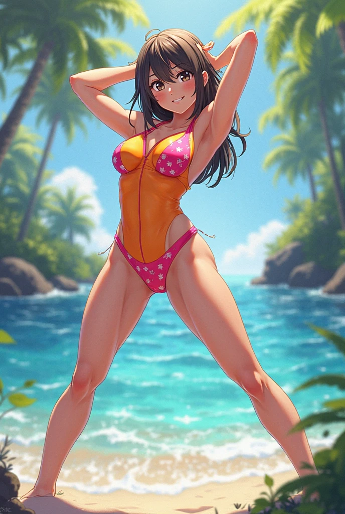 ((aroused ((dark tanned ((Venezuelan)) MILF)) sitting poolside while profusely touching and pleasuring herself, (wearing detailed yellow sheer swimsuit), (wearing antique lace necklace), (bright cute flower tattoos on arms and legs), (hand touching vulva with legs spread apart), high quality photo, sitting aroused in ecstacy poolside (with many tall potted cannabis sativa plants surrounding pool) during foggy sunrise, Venezuelan flag hanging in background