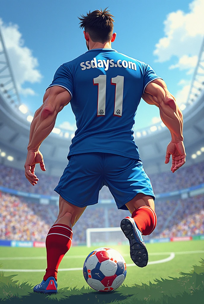1 man, smile, (wearing navy clothes, round neck, short sleeve football shirt.), Navy cargo pants, Korean guy , korean men, (High gloss details), chest muscles, Big arm muscles, blood vessel, big muscles, Broad shoulders, looking at the audience, Balancing the eyes, (Make eye contact), sports stadium, football