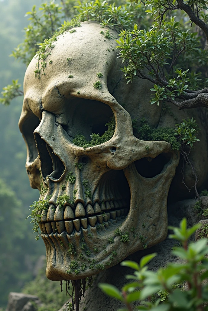a tropical island, a gigantic human skull shaped cave, strange trees and animals, fog, (best quality,4k,8k,highres,masterpiece:1.2),ultra-detailed,(realistic,photorealistic,photo-realistic:1.37),detailed rock formations,lush vegetation,mysterious atmosphere,dramatic lighting,dramatic landscape,cinematic composition,moody colors,dark fantasy,surreal,epic scale