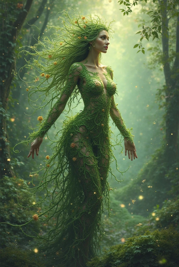 Detailed image, 8k high quality detailed, amazing wallpaper, digital photo highly detailed, 8k UHD, photorealistic, A woman made of fractal vines, the artistry of movement, her movement guided by fractalvines entwined around her body. The very essence of organic movement, integration between flesh and vines. Walking into water. Fantasy style. Fantasy dreamlike art. Full body view.