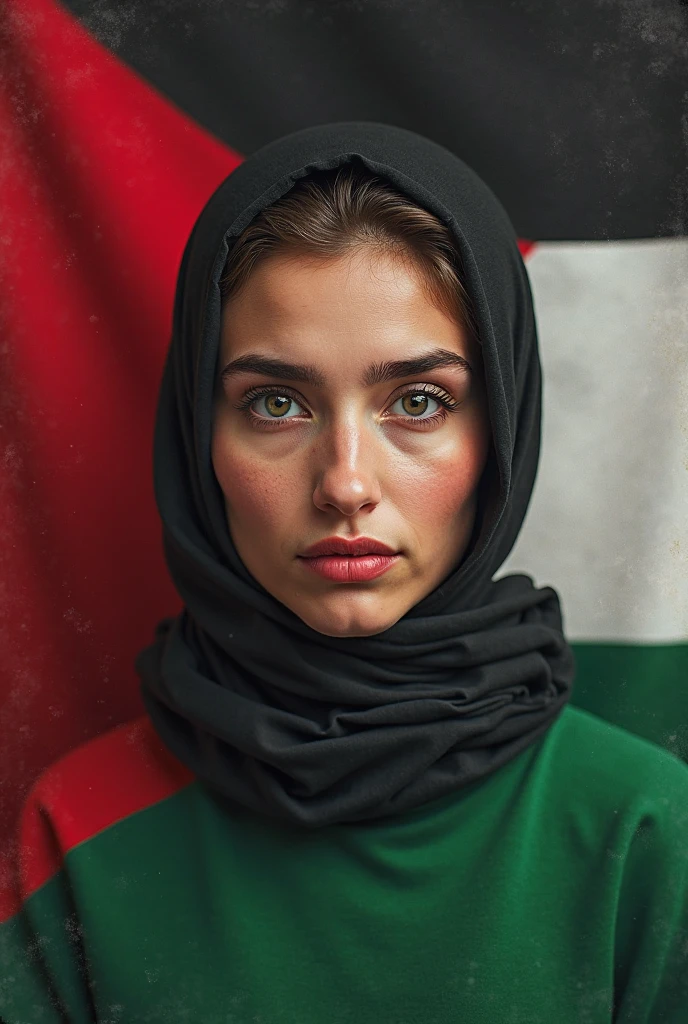 A Palestine flag full background and a girl is standing after that background wearing lose hijab from which hairs of head can be seen and green black red combination kameez with a smile realistically