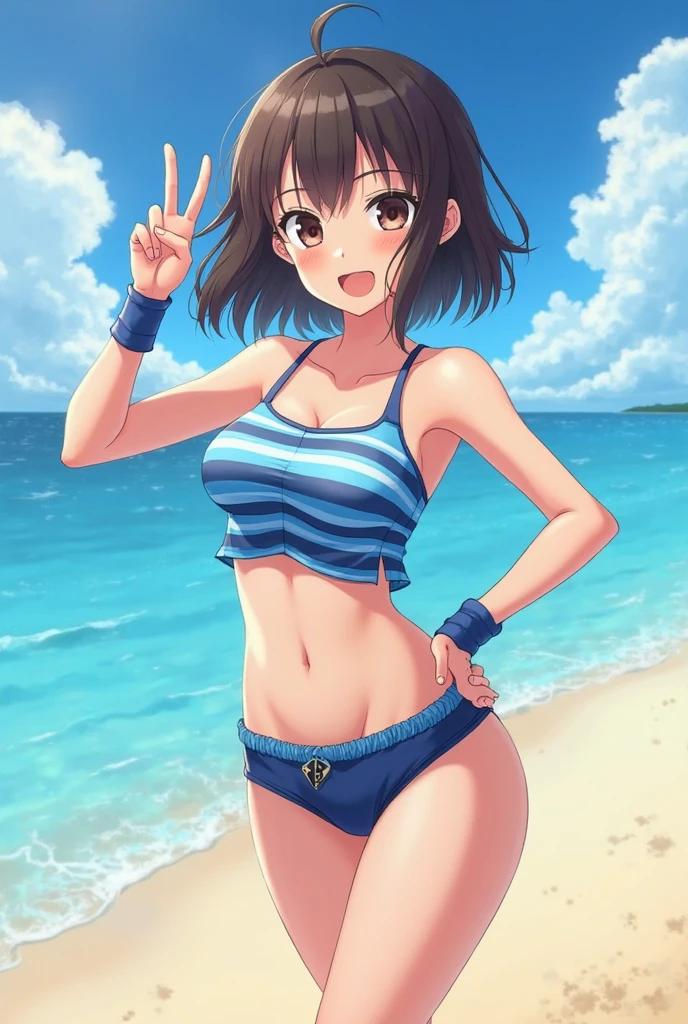 (close、16k、highest quality、high Detail、Rich skin Details、nffsw)、(NSFW)、Watch anywhere、obeDience、mature woman、((swollen nipples))、((Bikinis aside))、:D、surpriseD、wavy mouth、Sweat、((very big breasts))、(parteD bangs)、swollen nipples、((Blue Stripe Bikini))、mature woman、brown hair、brown eyes、(short hair)、(amount)、blusheD、(((big ass)))、(thick thighs)、armpit、put your hanDs behinD your heaD、kneel Down、swim in the sea