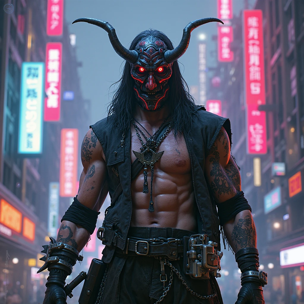(score_9, score_8_up, score_7_up), ,solo, (neon lights, cypberpunk city, thick lineart, sharp edges),
BREAK
dutch angle, portrait,  red eyes, 1boy, male focus, mask,  robot, cloak,  glowing eye, cyborg , mechanical oni horns,
BREAK
grim, dark atmospher,  science fiction,
<lora:BioPunky:0.8>  <lora:sinfully_stylish_PONY_0.2:1> <lora:Concept Art Twilight Style SDXL_LoRA_Pony Diffusion V6 XL:0.8> <lora:Bad_Hands_lora:0.8> <lora:add-detail-xl:0.8>
