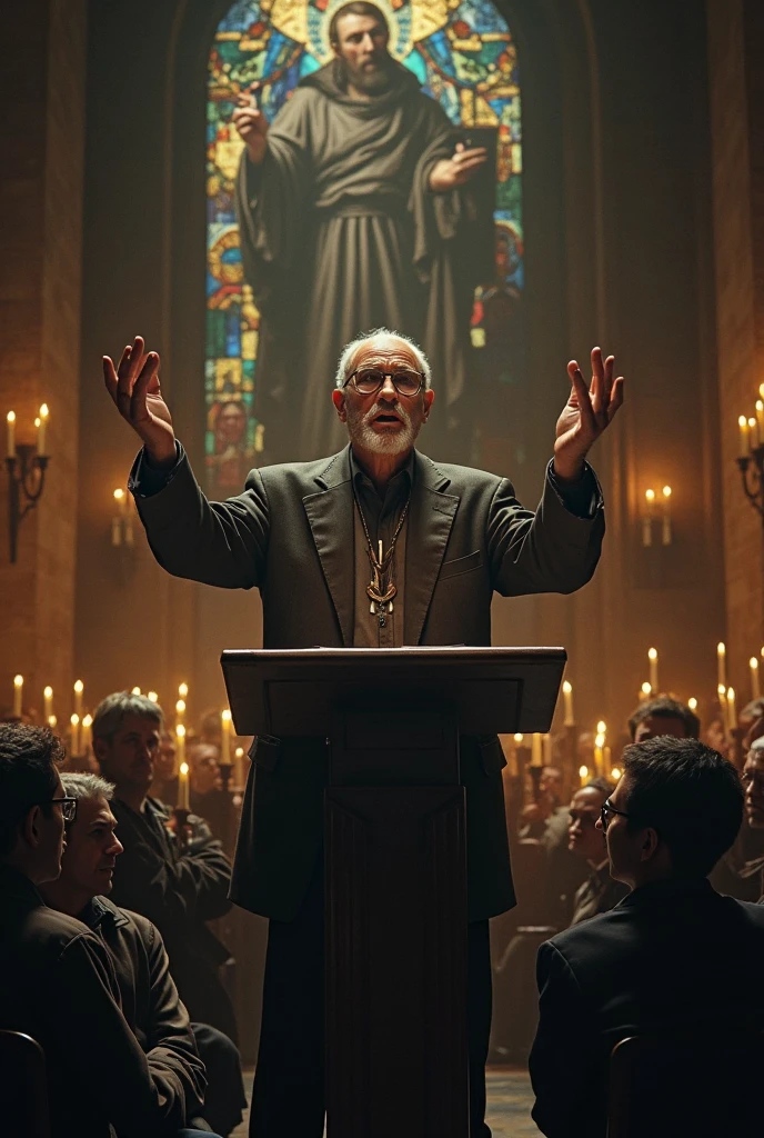 Make a thumbnail in which a priest is explaining what will be the consequences of eating meat.