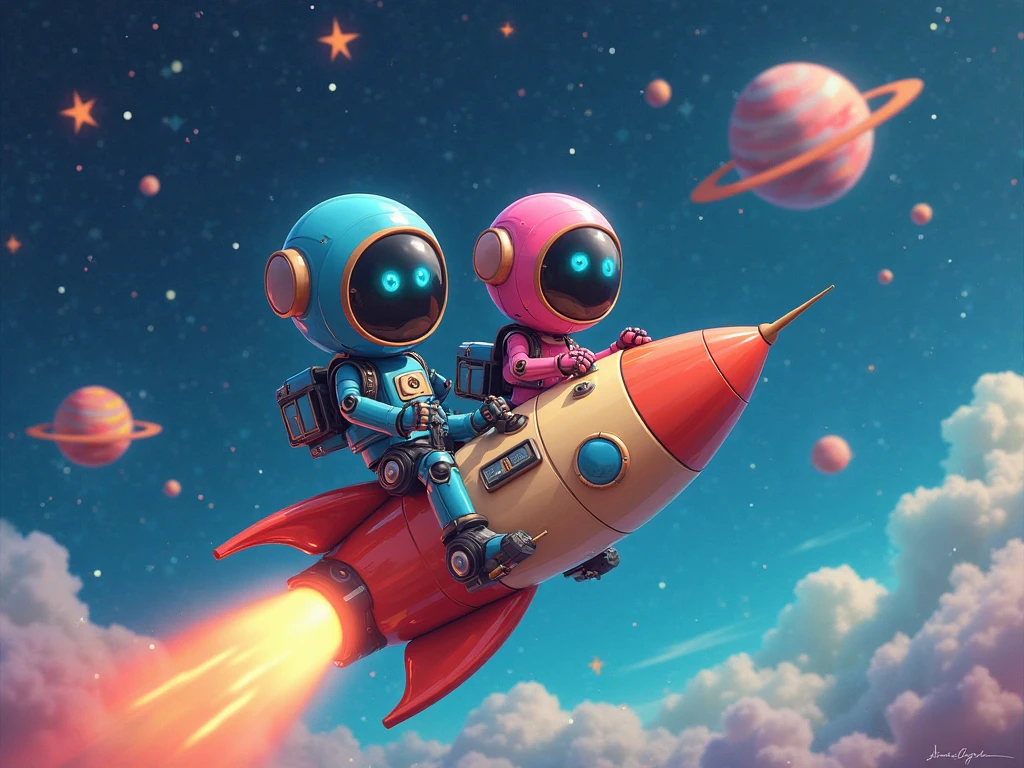 Girl and boy astronaut universe planets solar system rocket galaxy 5D