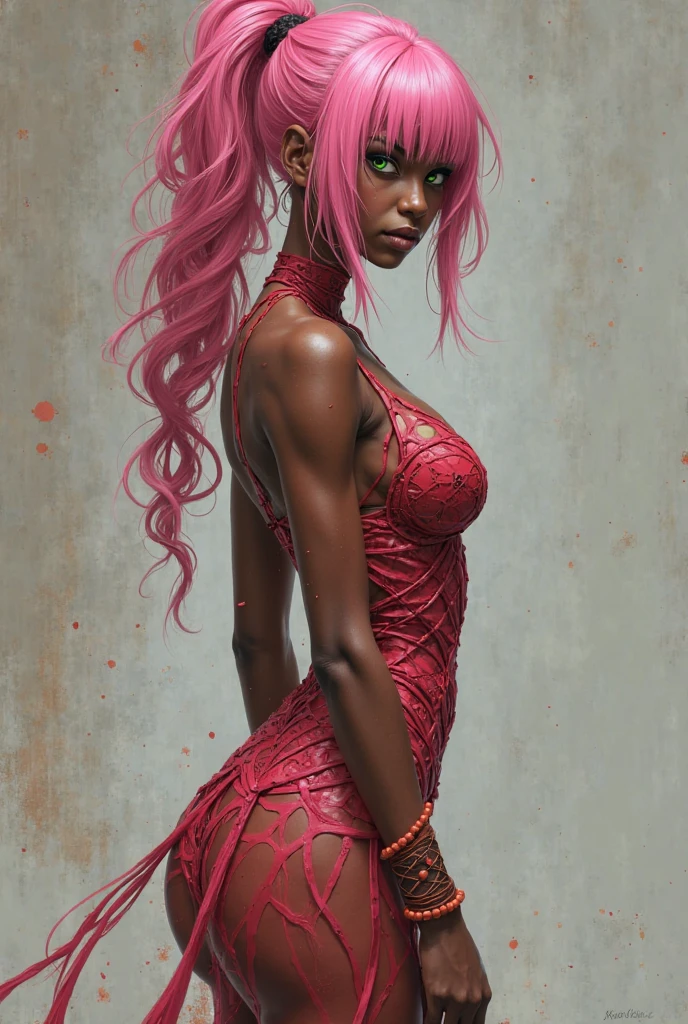 dark skin , 1 nude girl, boobs, full body, enormous long pink hair, full body tribal tattoos, very muscular, legs, barefoot