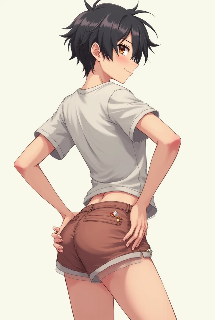 1boy, 1solo, black hair, short hair, brown eyes, hair between eyes, ash ketchum, in jeans, shirtless, black t-shirt, he's taking his t-shirt off, pulling his t-shirt off, pulling his jeans down showing his crotch, undressing, tempting erection, exhausted look after having sex