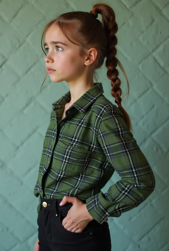 Girl child 10 years old, Russian blonde in braids, com roupa de jaqueta de couro vermelha, fundo de bolas de fogo verde. --auto --s2