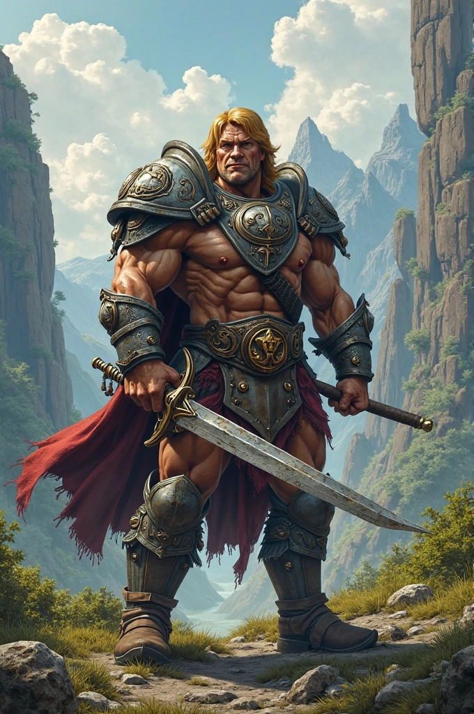 Ultra-realistic, He-Man is a superhero and main protagonist of the franchise of swords and planets Masters of the Universe, 01 homeem, barbarian, raising his sword in front of the castle of Castle Grayskull, with lightning coming out of his sword to the lake of his faithful friend Cat warrior. --auto --s2