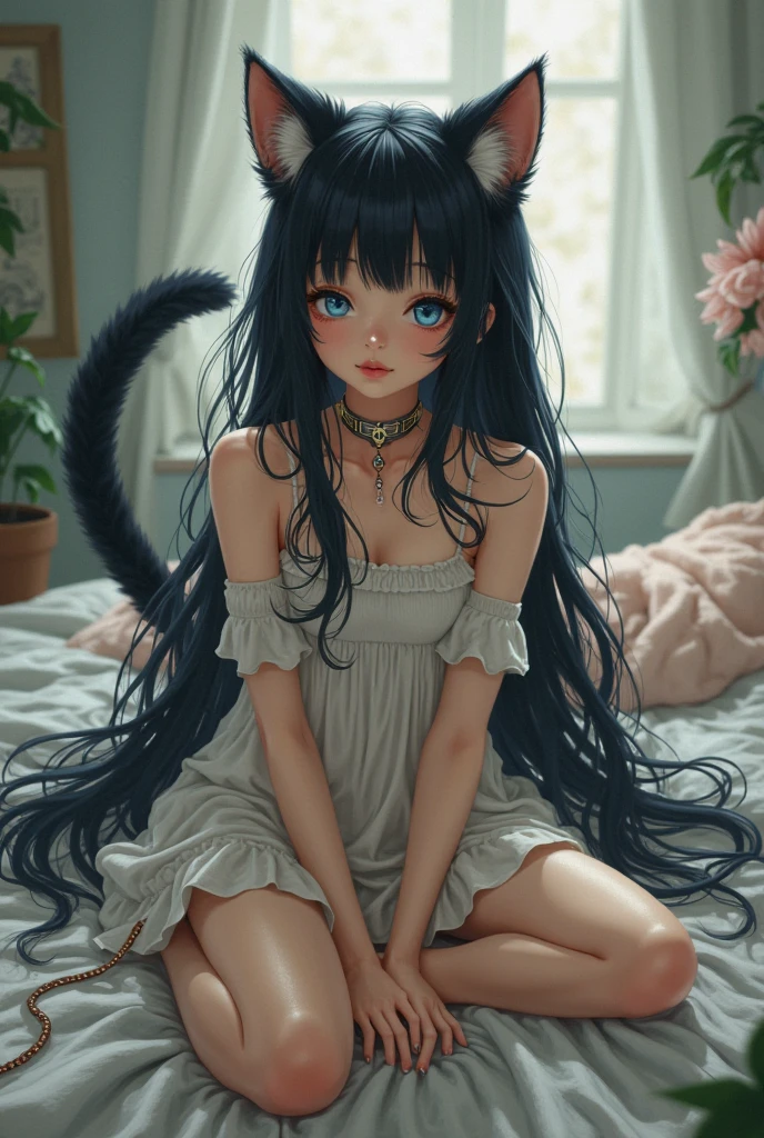 masterpiece, best quality, backlight, Tyndall effect, Crepuscular Rays, blurry, blurry_foreground, depth_of_field, animal_ears, cat_ears, cat_tail, stuffed_cat, cat_girl, tail, long_hair, 1girl, blurry_background, striped_legwear, stuffed_toy, striped, (bloomers), zettai_ryouiki, stuffed_animal, blue_eyes, blue_hair, very_long_hair, hair_ornament, long_sleeves, collarbone, parted_lips, solo, bangs, hair_bobbles, blush, knees_up, looking_at_viewer, holding_stuffed_toy, holding