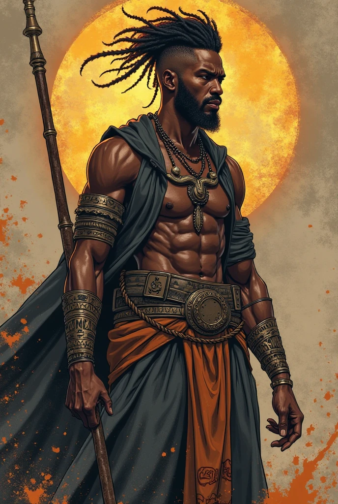 african warrior, brawny, high resolution, 8k, perfect lighting, flames everywhere, mysterious look, lot of details, ax in hand, in war