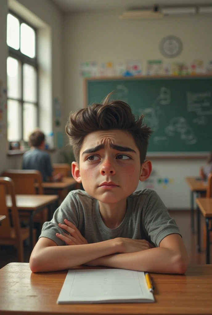 make me a picture of an 18 year old boy with short brown curly hair, has blue eyes who is studying in class wearing a white shirt