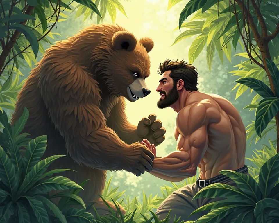 Photorealistic, Realistic, One muscular man, Anime-like physique, Fighting a Brown Bear., Raised muscles, Put the bear in a headlock with his big arms, Brown bear faints, Victory smile, Man with a refreshing smile, masterpiece, Anatomically correct, Textured skin, Attention to detail, high quality