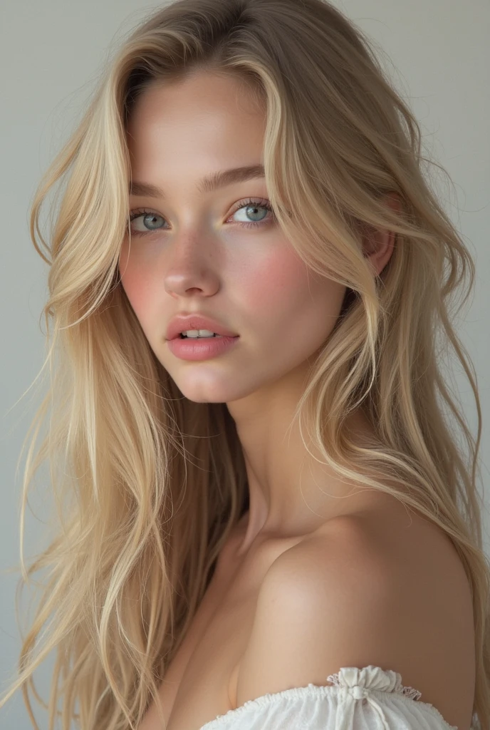 Portrait of a pretty girl, of 18 years, with long blonde hair, without aesthetic retouching