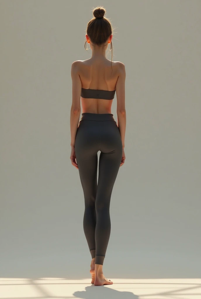 8K, Masterpiece, RAW photo, Best quality, Photorealistic, Extremely detailed Cg Unity 8K wallpaper, Cinematic light, Lens flare, Ray tracing, (Extremely beautiful face, Beautiful lips, Beautiful eyes), intricate detail face, ((ultra detailed skin)) 1girll, (The background is blurred out), (No one is in the background), (Pale skin), Face forward, (Big eyes), ((low rise grey leggins ), ((low waist grey leggins)),((dimples of back showing)), (back showing), (pony tails) ，Plump breasts, Very slim, round butt,Woman in grey low rise leggins standing on yellow floor, Thin waist, photo of slim girl model, Slim waist, Young sexy elegance, Thin body, Slim, Slender waist, side pose, Back - View, fit dainty figure, Petite body, posterior view, soft light from the side