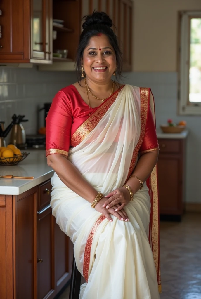 A srilankan women chubby 3 wearing a yellow saree and red blouse standing in kitchen with a bathtowel on hair